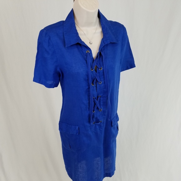 Anthropologie dress linen lace-up cobalt blue 8 - Picture 3 of 5